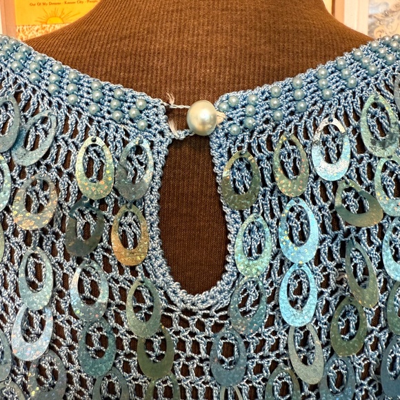 Vintage 90s Teal Crochet Sequin Tank Top - Picture 4 of 5